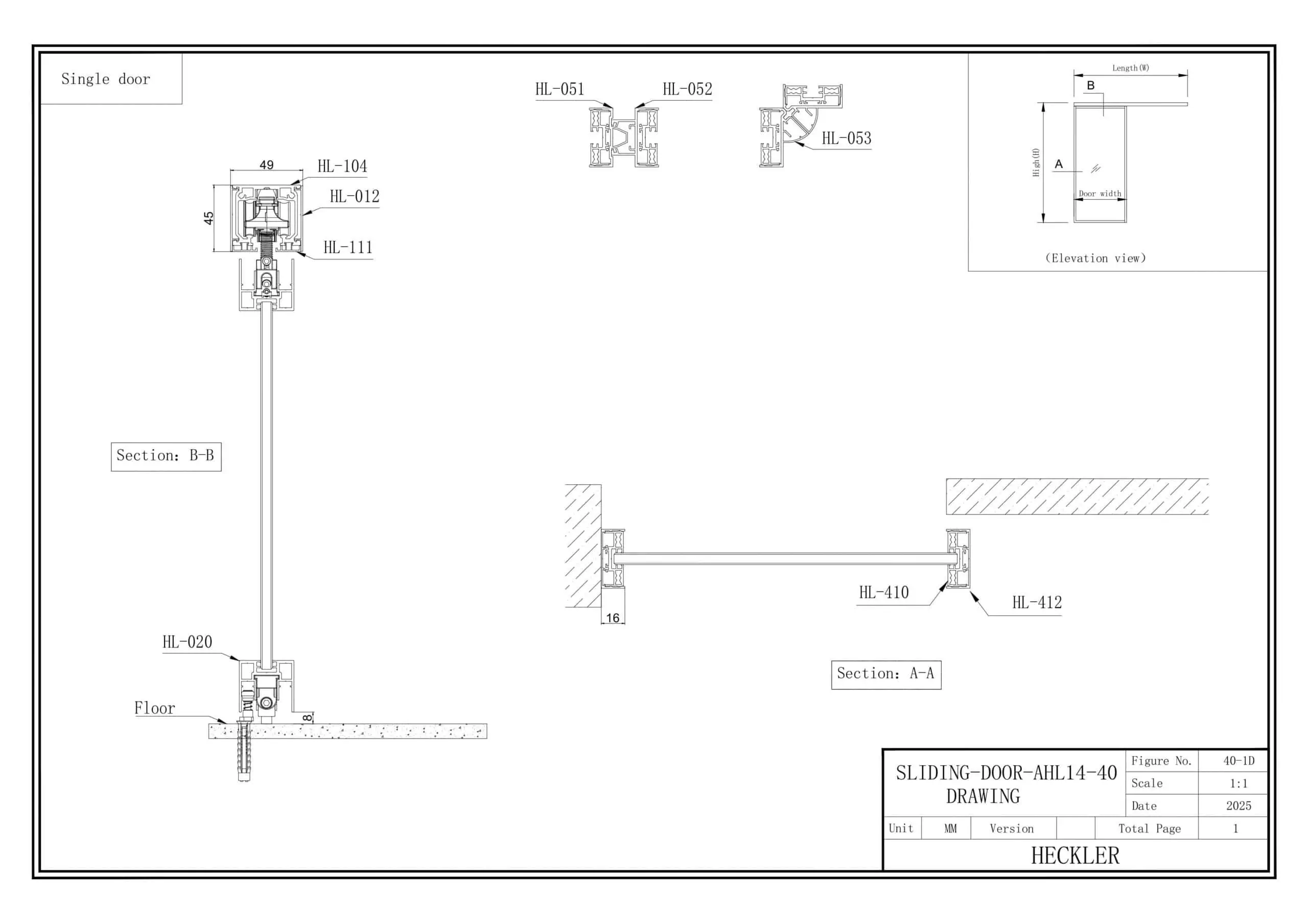 Bản vẽ cấu tạo cửa lùa slim 1 cánh