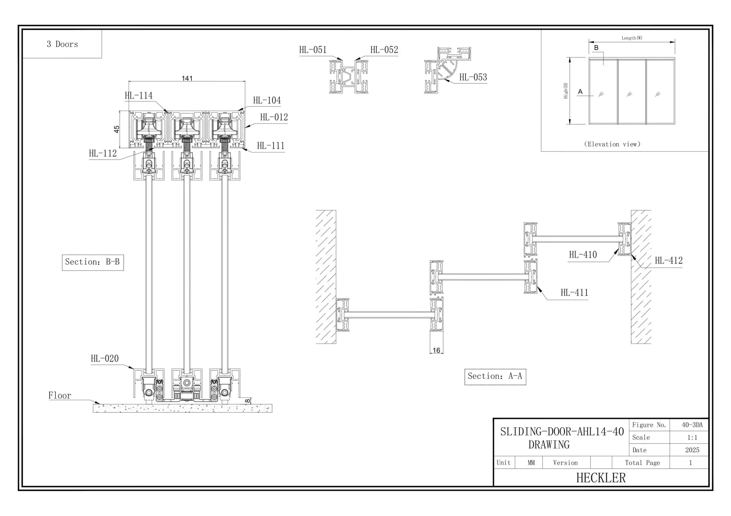 Bản vẽ cấu tạo cửa lùa slim 3 cánh