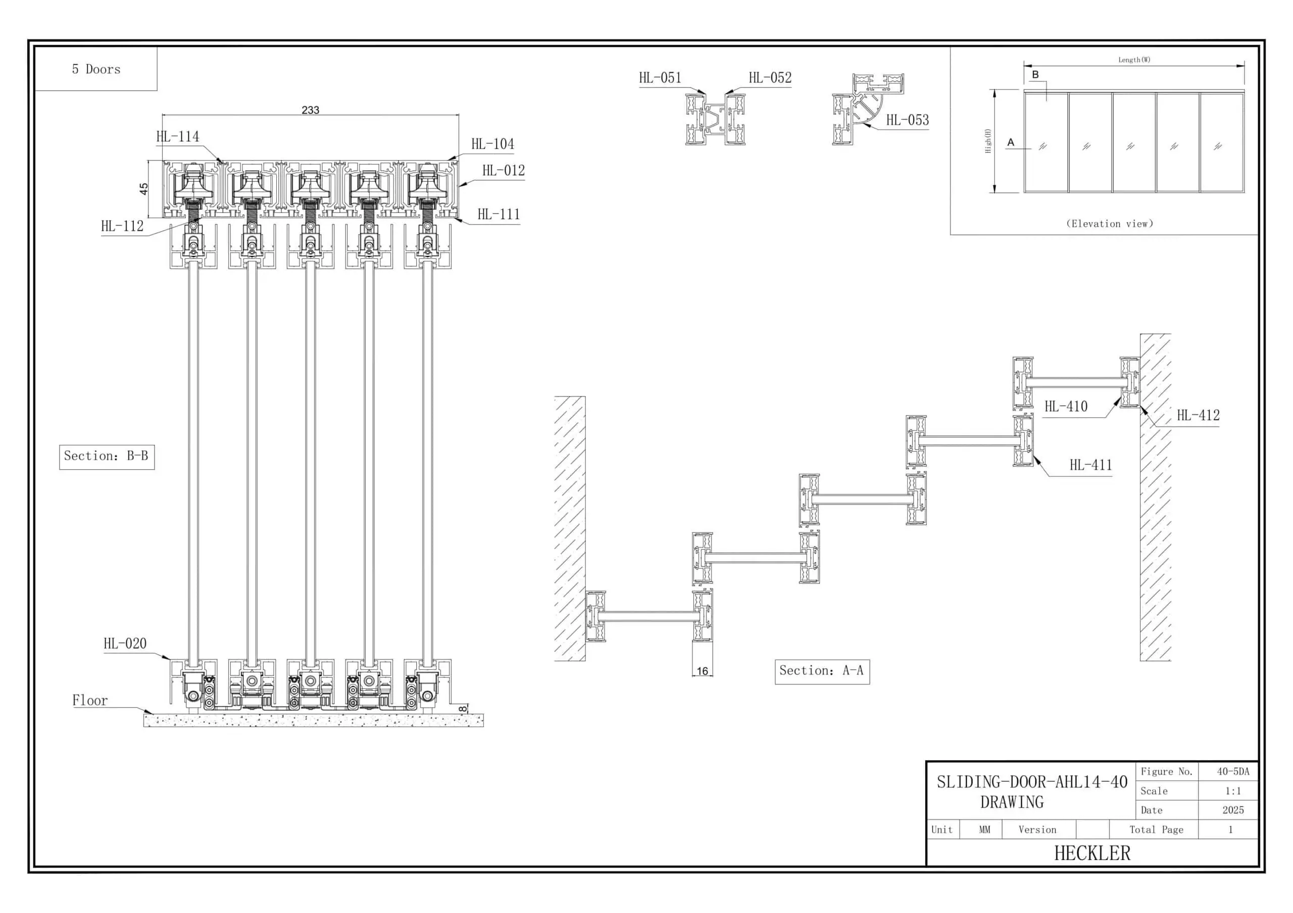 Bản vẽ cấu tạo cửa lùa slim 5 cánh