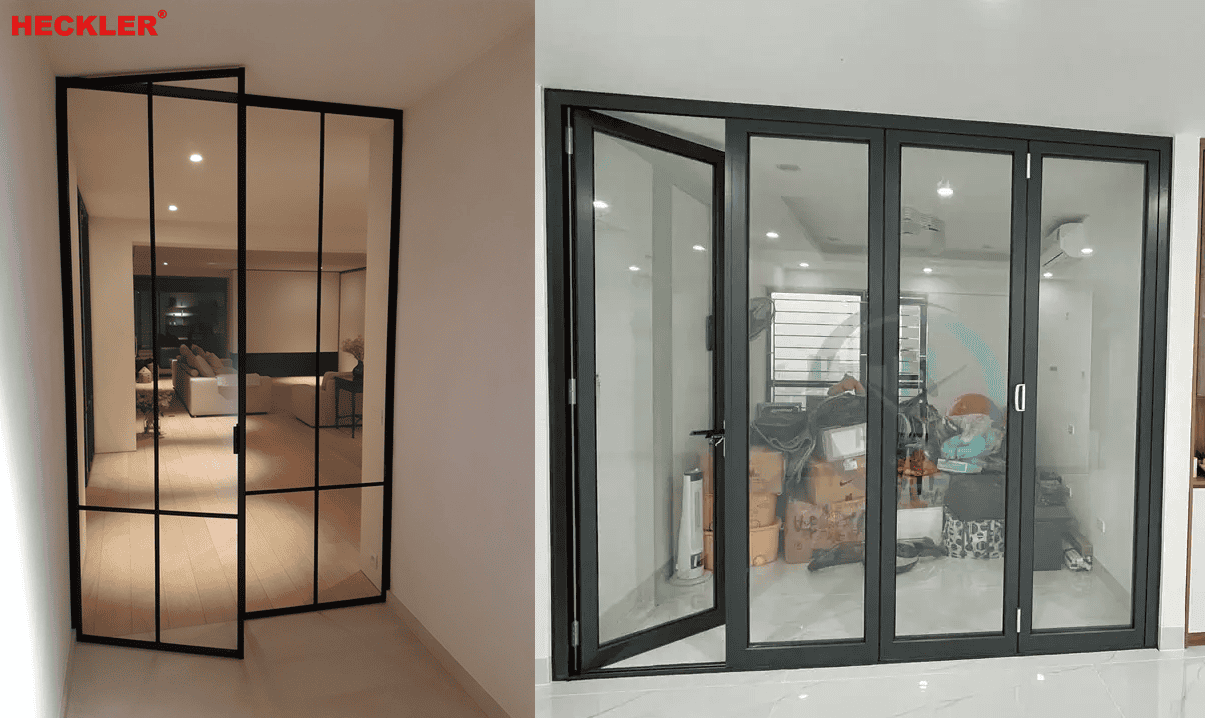 So sánh khung cửa nhôm slim (trái) và cửa nhôm Xingfa (phải)